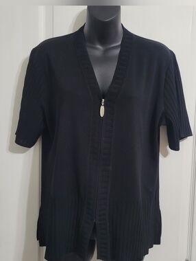 Misook Petite Black Short-Sleeve Zip Front Cardigan Sz Large